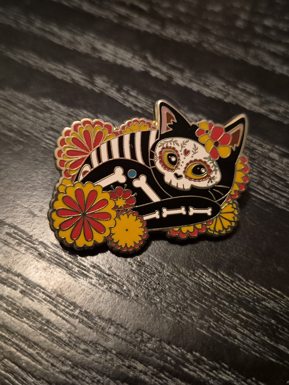 Day of the Dead Cat Enamel Pin - Black & Yellow Floral Design